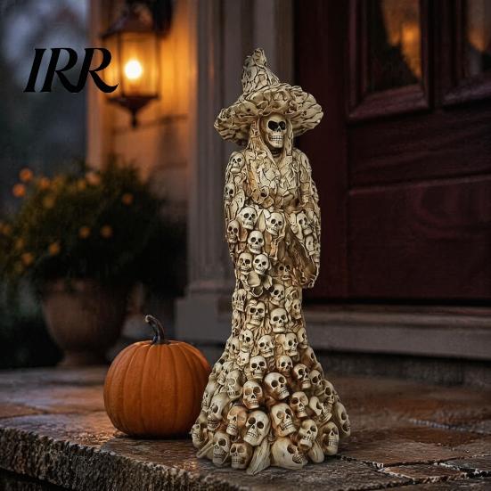 Glowing Bone Sculpture Skeleton Witch Resin Figurine, Halloween Gothic Skull Statue, Spooky Realistic Texture Fantasy Ornament for Desk,