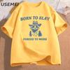 Born To Slay Forced To Work Printed Tshirt Funny Graphic Tshirts Raccoon Vintage Cartoon Unisexs Cotton Tshirt Streetwear Tees