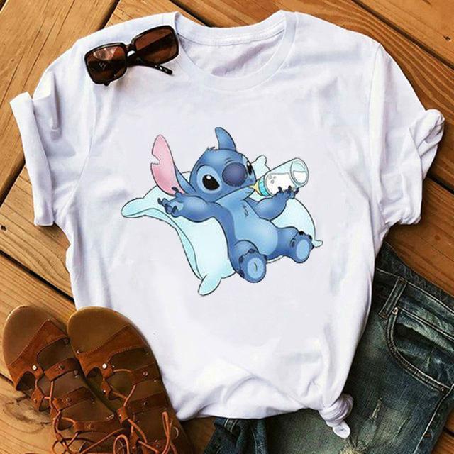 Casual Cartoon Lovable Lilo Stitch Pattern Unisexs Tshirt Summer Loose Top 90 s O Collar White Unisexs Short Sleeve