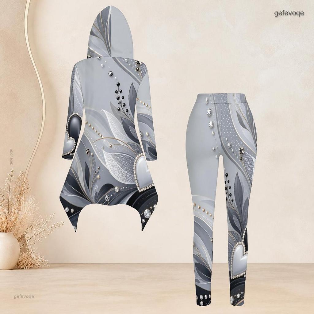 Women Plus Size Gray White Black Printed Hooded Long Sleeve High Low Top Fitted Pants Two Piece Set