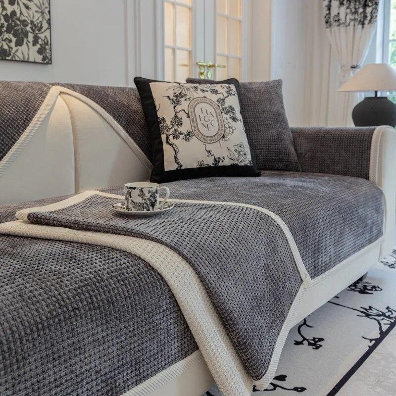 Waffle Chenille Sofa Cushion Non-Slip Plaid Backrest Armrest Towel Universal Living Room Four Seasons Simple