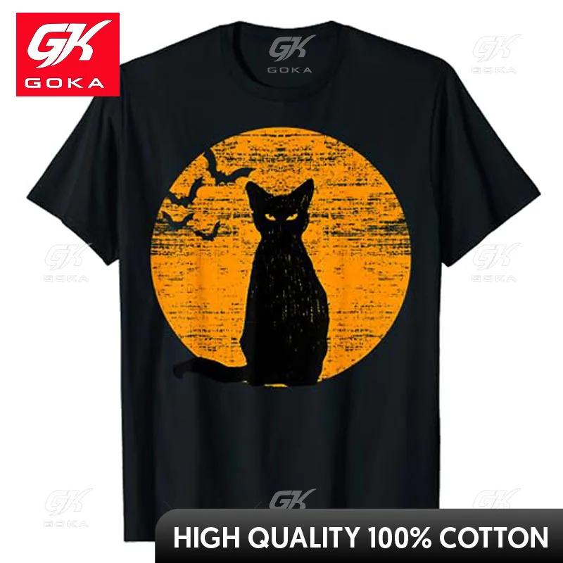 Vintage Scary Halloween Black Cat Costume Retro Moon Cat Mom TShirt Womens Fashion Kitty Lover Graphic Tee Mama Halloween Gift