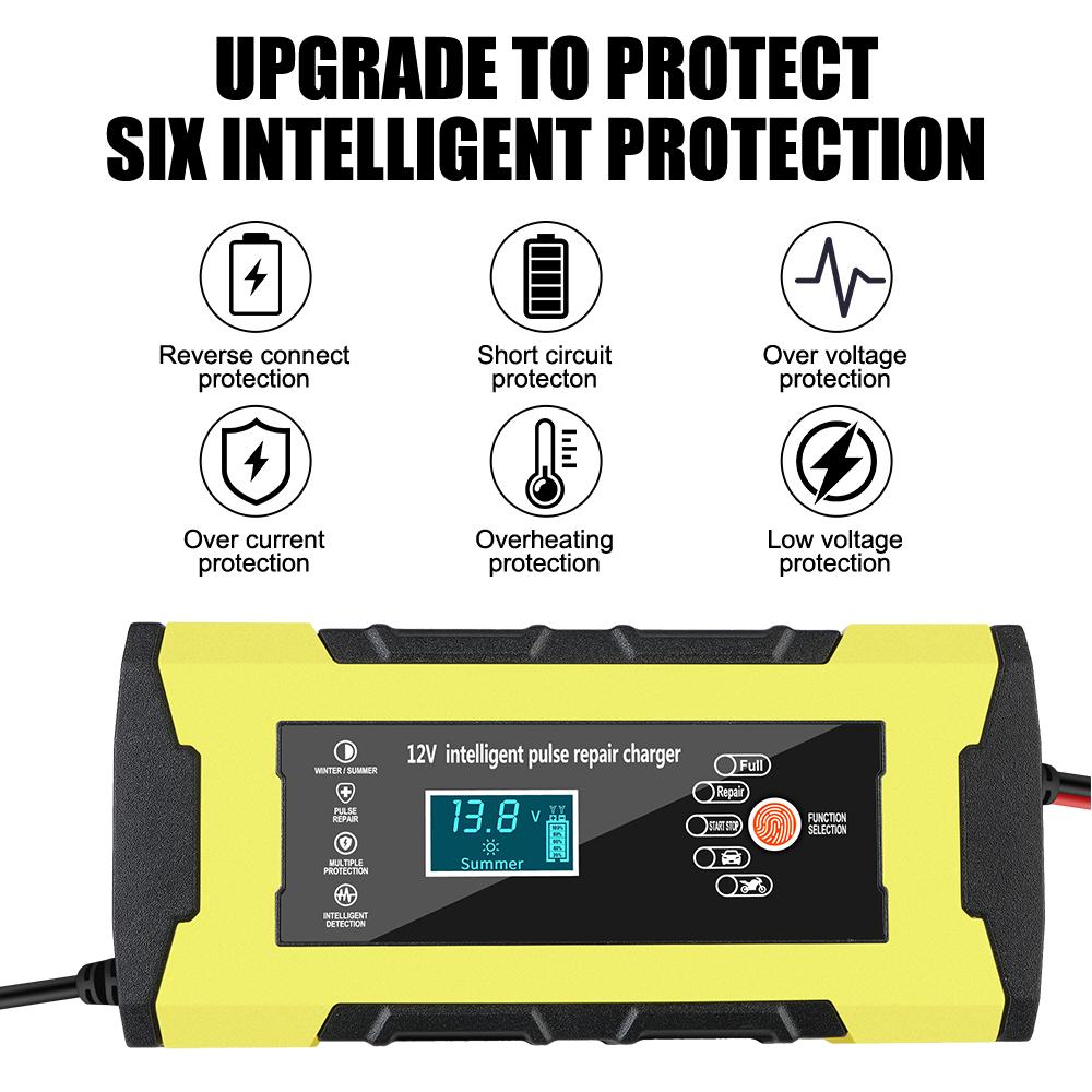 12 В 10 А интеллектуальное быстрое зарядное устройство для автомобиля, мотоцикла, аккумулятора, автоматический импульсный ремонт, цифровой ЖК-дисплей, автоматическое умное быстрое зарядное устройство