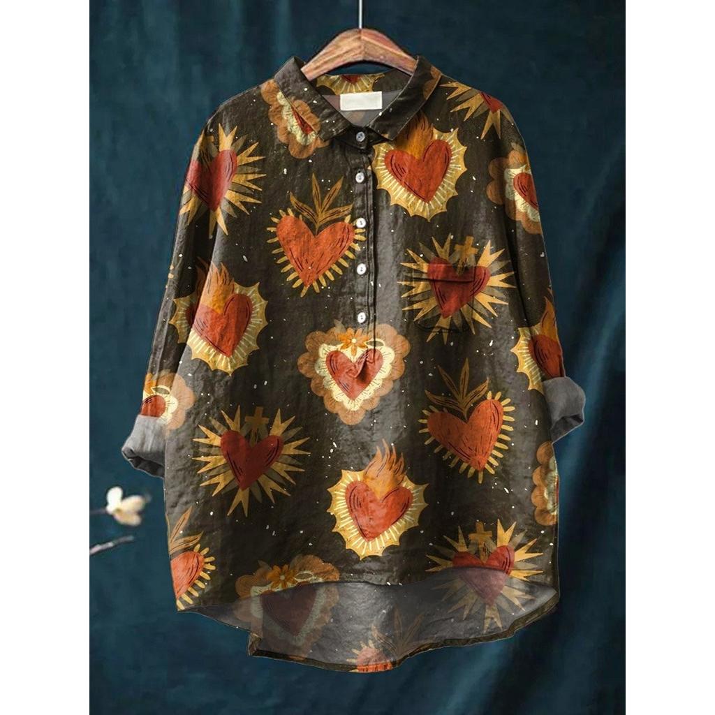 Женская повседневная свободная рубашка на пуговицах с цветочным принтом - Узор 'Косяк рыб'