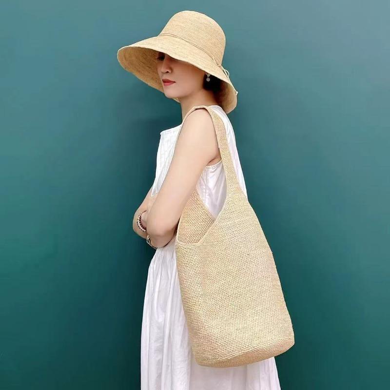 Premium Raffia Hand-woven Bag New Shoulder Straw Bag Large Capacity Seaside Vacation Tote Bucket Bag