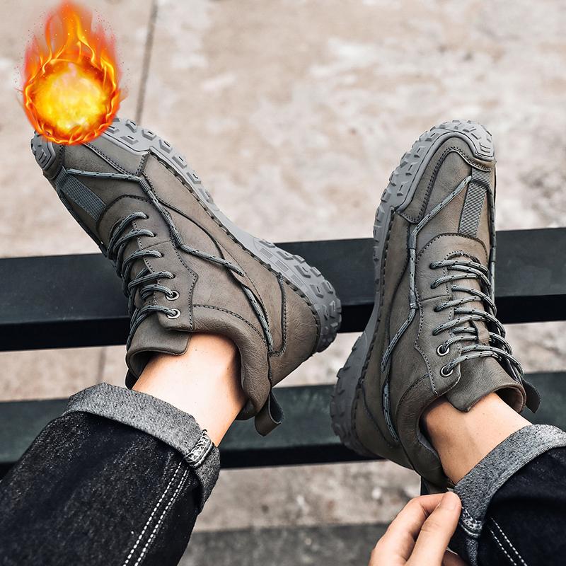 38-46 Модные зимние ботинки для мужчин, плюшевые кожаные ботинки с ручным швом, высокие походные ботинки, нескользящие, теплые, мужские ботинки, большие