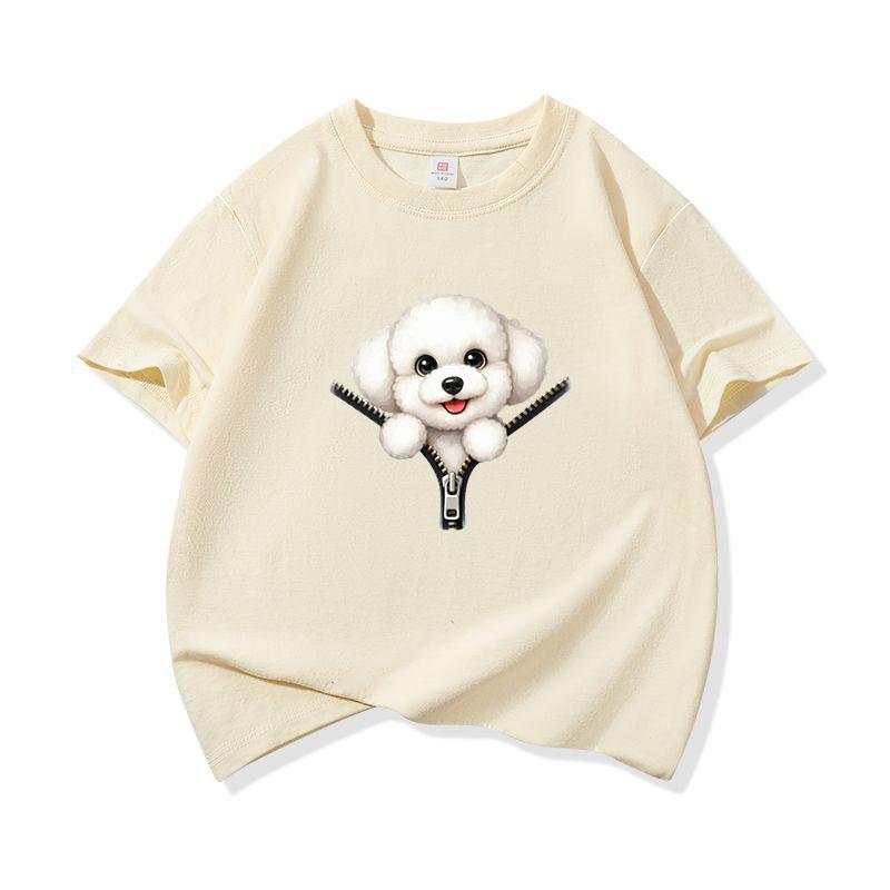 Kids Cotton T Shirt Cute Bichon Frise Puppy Dog Zipper Print Crew Neck Short Sleeve Tee Casual Boys Girls Summer Tops