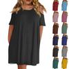 Женская мода круглый вырез без бретелек с коротким рукавом повседневное однотонное свободное платье с карманами