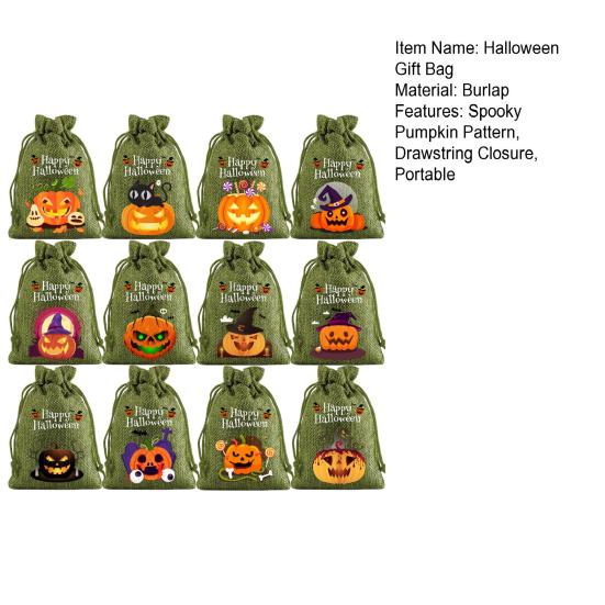 12 шт. Мешочки для угощений на Хэллоуин, подарочные мешочки из мешковины, мини-мешочки для конфет на шнурке, мешочки для сладостей с тыквенным узором для подарков на Хэллоуин-вечеринку