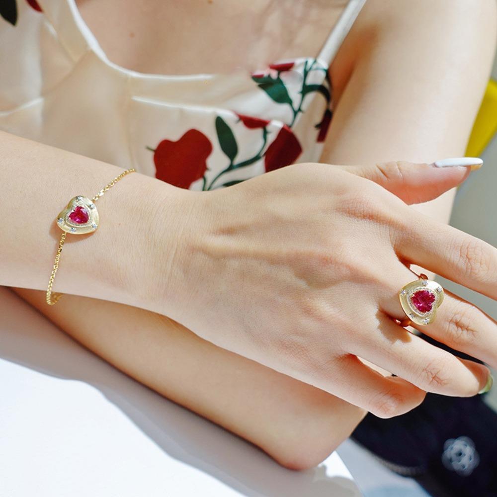 Women Fashion Jewelry Set Italian Gold Plated Heart Ruby Red Necklace Ring Earrings Bracelet Combo