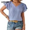 Summer Women's T-shirt V-neck Fashion Petal Sleeve Loose Top