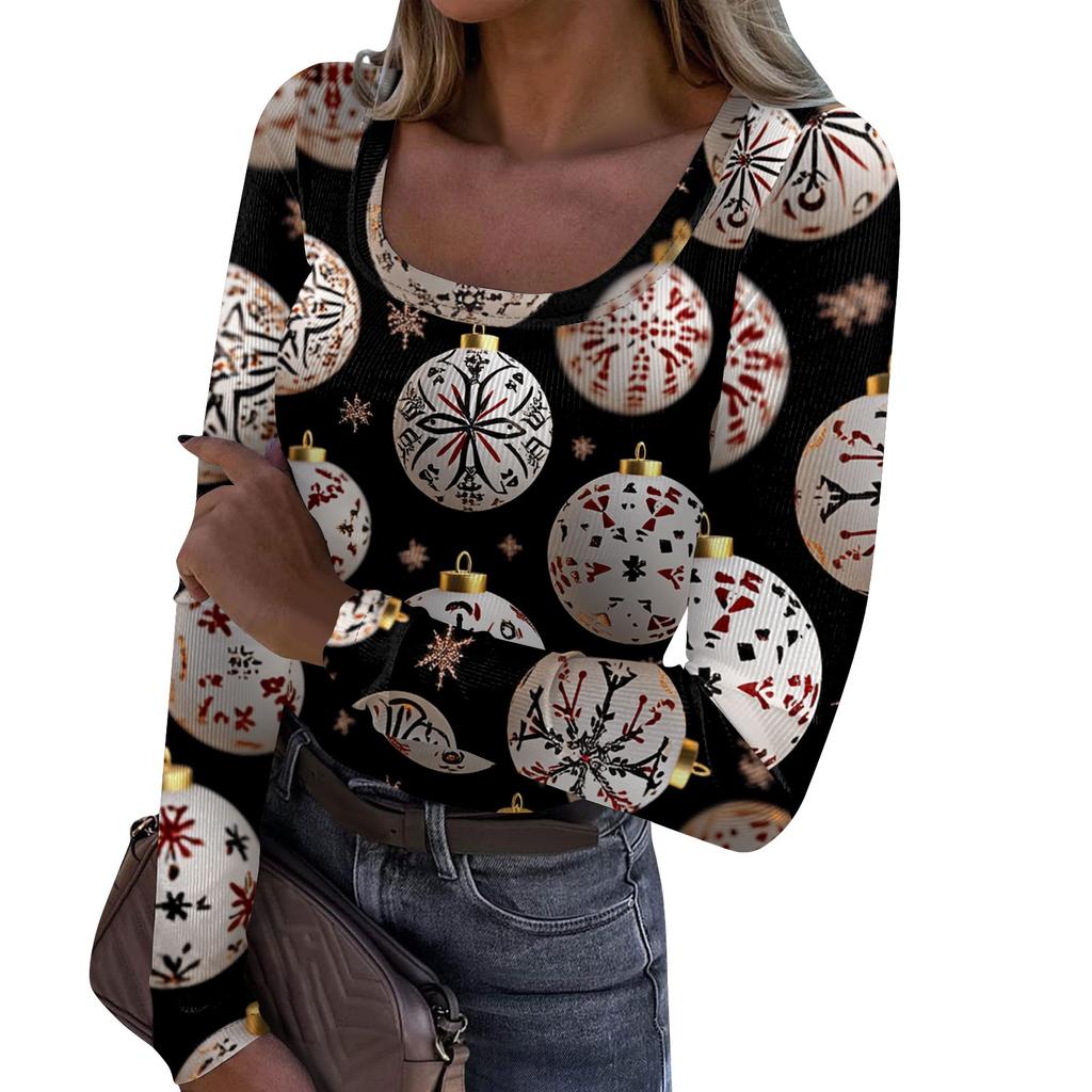 Женская модная футболка с тонким низом, рождественский принт, пуловер с U-образным вырезом и длинными рукавами