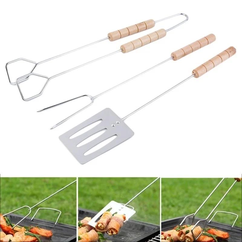 Набор инструментов для барбекю из 3 предметов: лопатка, вилка, щипцы с длинными ручками, инструмент для гриля, оборудование для кемпинга на открытом воздухе