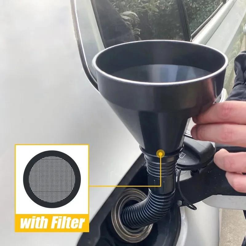 Black Car Extension with Safety Handle Nozzle Funnel Engine Oil Gasoline Strainer Plastic Rubber Funnel Refueling Tools