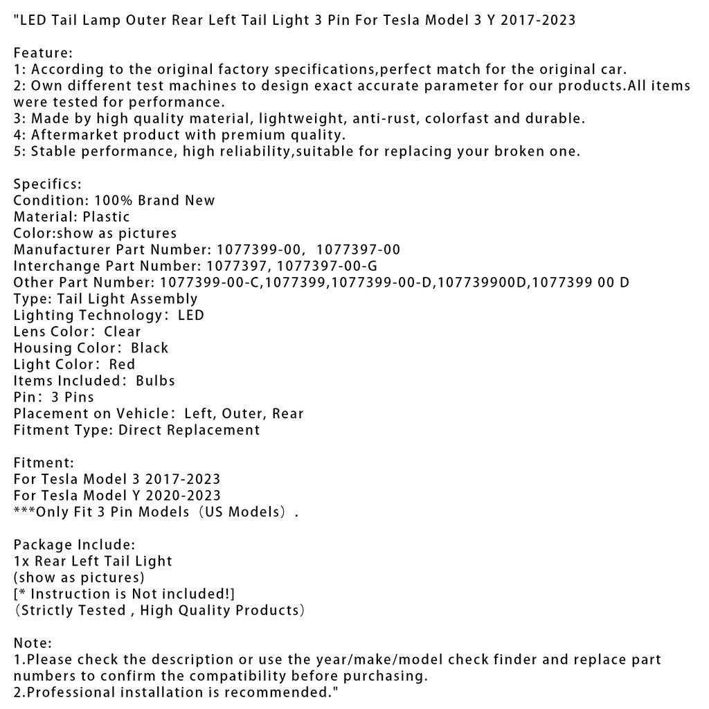 LED Tail Lamp Outer Rear Left Tail Light 3 Pin For Tesla Model 3 Y 2017-2023