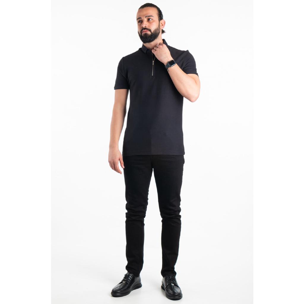Мужская черная футболка с воротником-поло с молнией и деталями