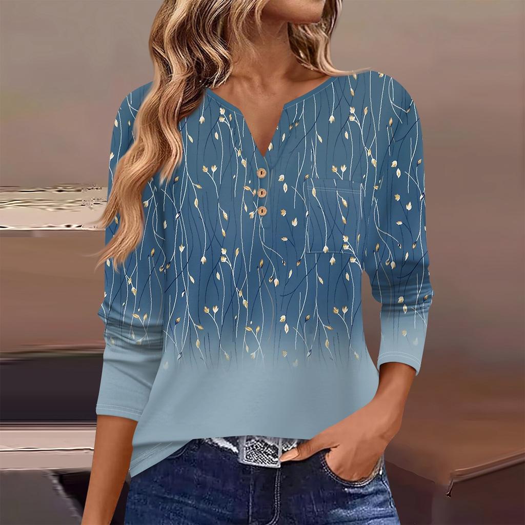 Женская футболка с длинным рукавом на пуговицах, повседневная, выходного дня, модная, базовая, с V-образным вырезом, обычная, с карманом