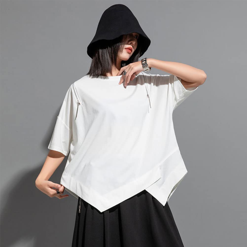 Morino Short Sleeve Loose Fit Solid Street Summer Size Women's T-Shirt, Color, Asymmetrical, Zippered, Off-the-Shoulder, Casual, Fashionable, Unique,