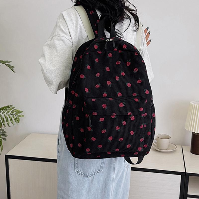 Вельветовый рюкзак с клубникой, повседневный дорожный рюкзак, большая вместимость, модный подростковый рюкзак, регулируемый ремешок для путешествий на открытом воздухе AVE