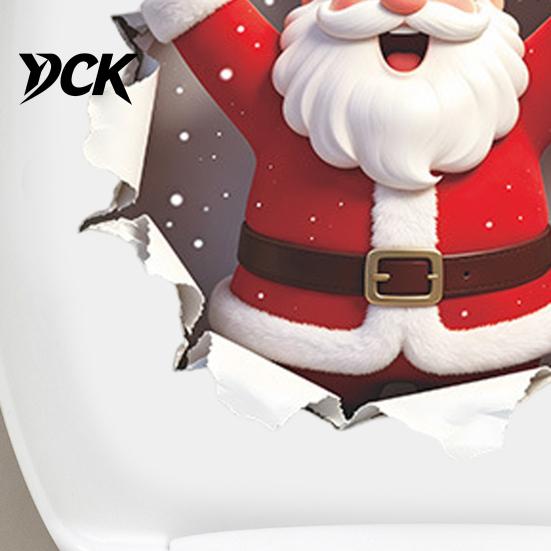 Waterproof PVC Bathroom Decals 3D Break Wall Santa Claus Toilet Lid Sticker, Winter Snow Scene Seasonal Decorations Christmas Decal,