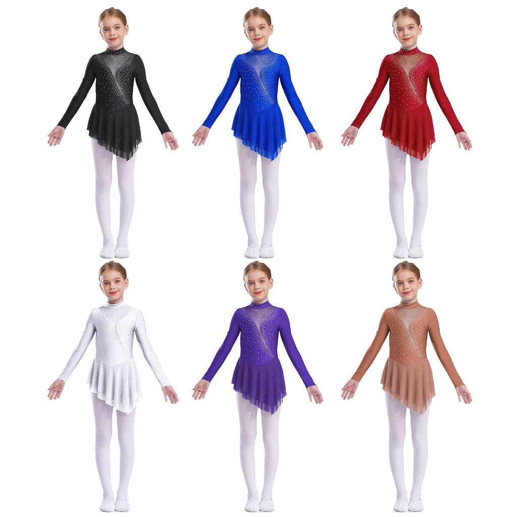 Kid Girls Figure Ice Skating Dress Long Sleeve Irregular Hem Leotard Dress Stage Performance Costume
