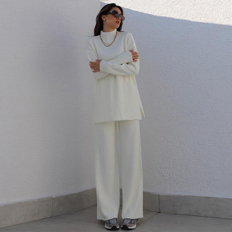 Комплект из двух предметов, женские вязаные комплекты с широкими брюками, винтажный осенне-зимний свитер с полувысоким воротником, свободная уличная одежда, повседневная одежда