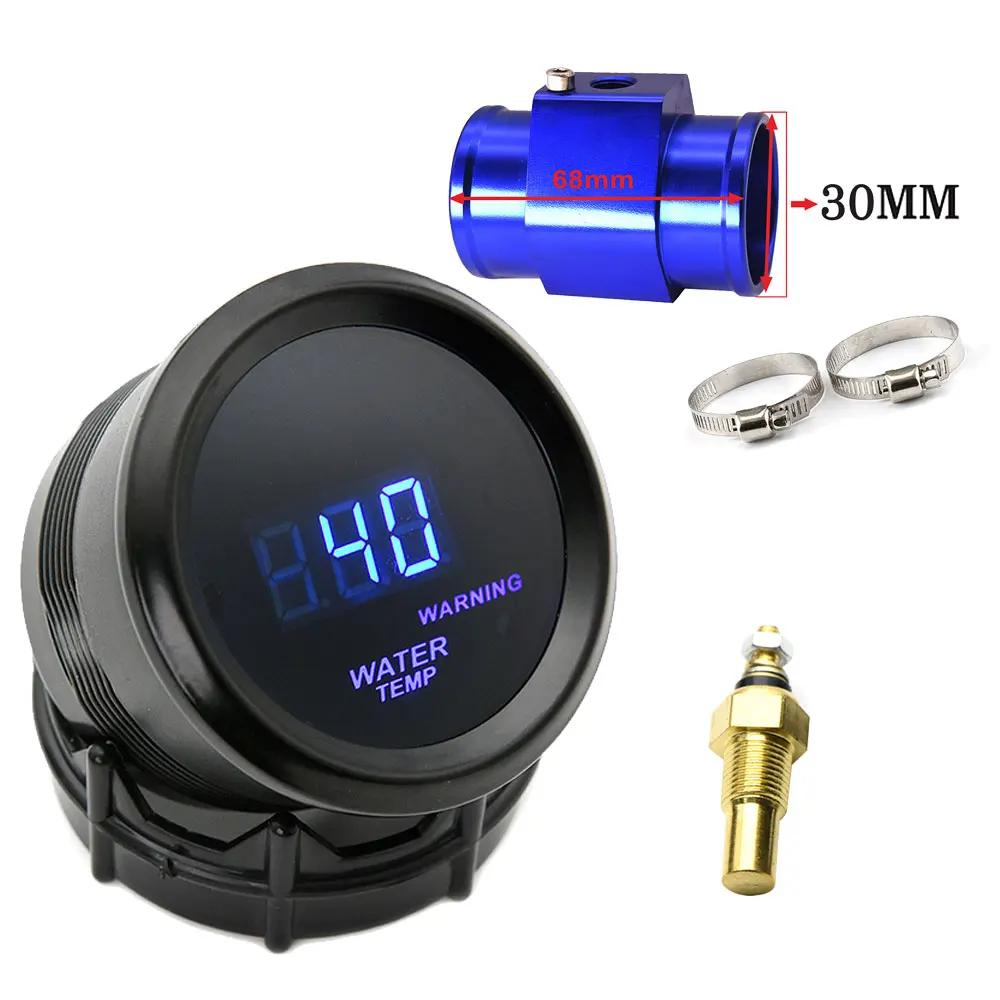 52mm Water Temperature Gauge Blue LED Light with 16mm-40mm Joint Pipe Adapter Black/Blue with Water Temp 1/8NPT Sensor