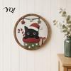 Wall Art Decor Christmas Black Cat Decor, Layered Wooden Hanging Sign, Round 2D Seasonal Decorations Flat Decoration for Living Room Bedroom And Hall
