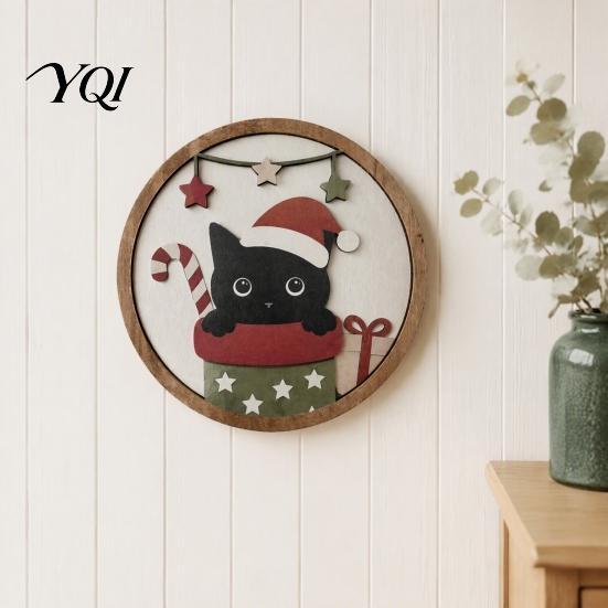 Wall Art Decor Christmas Black Cat Decor, Layered Wooden Hanging Sign, Round 2D Seasonal Decorations Flat Decoration for Living Room Bedroom And Hall