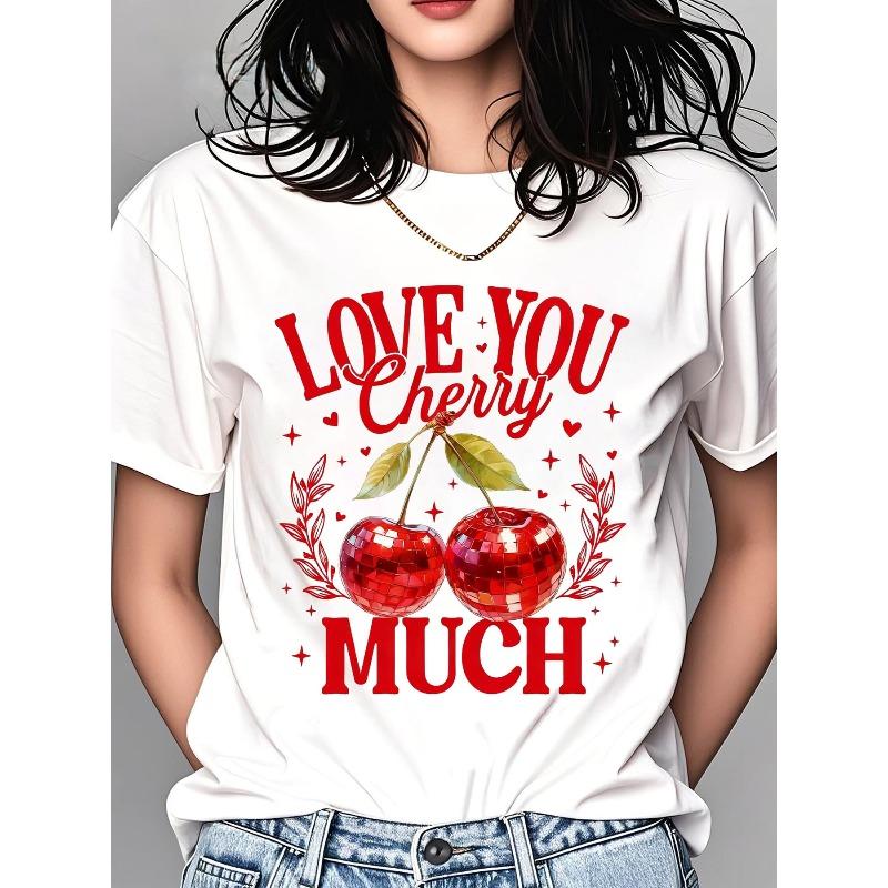 Женская футболка с коротким рукавом и круглым вырезом 'Love You Cherry Much' с принтом красных вишен и сердец, романтический дизайн