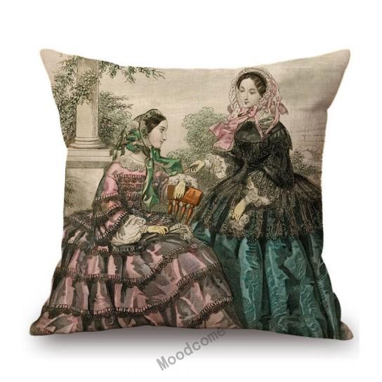 Antique Fashion Book Ettiquette Lady Dress European Costume Elegant Wear Cotton Linen Sofa Throw Pillow Case Chair Cushion Cover