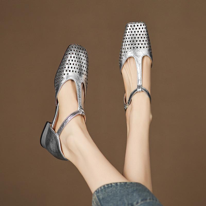 Летние женские полые сандалии повседневные однотонные на каблуке-рюмочке размер женской обуви пряжка новые сандалии с квадратным носком на плоской подошве женские