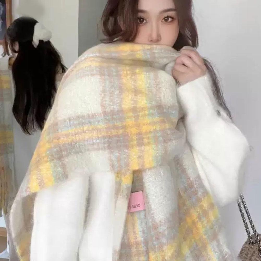 Vintage Warm Winter Cashmere Scarf Mohair Plaid Long Wrap Thickened Soft Thickened Scarves Tass H2X0