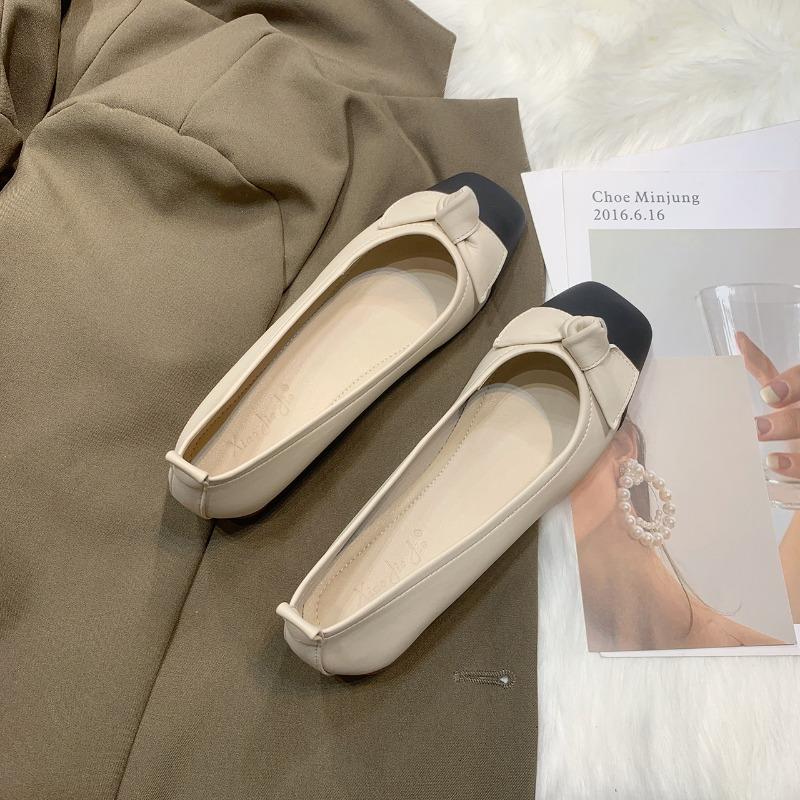 Модная женская обувь на толстом каблуке, одинарная обувь, осень, новинка, квадратный носок, открытый верх, сочетающиеся цвета, бант-бабочка, нескользящая обувь с низким верхом