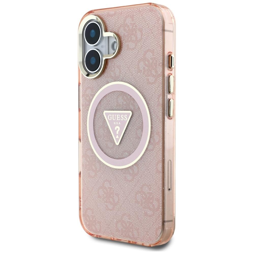 Guess IML Metal Glitter 4G Circle Triangle MagSafe Case for iPhone 16 Pink