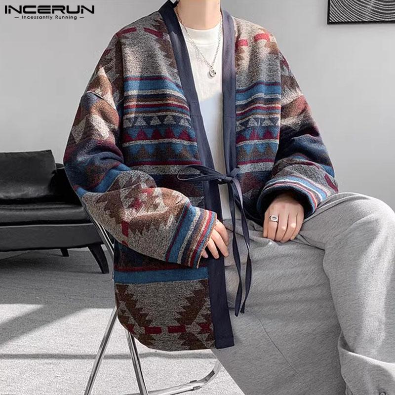 INCERUN Винтажный мужской длинный рукав цветочный принт бандажный кимоно кардиган