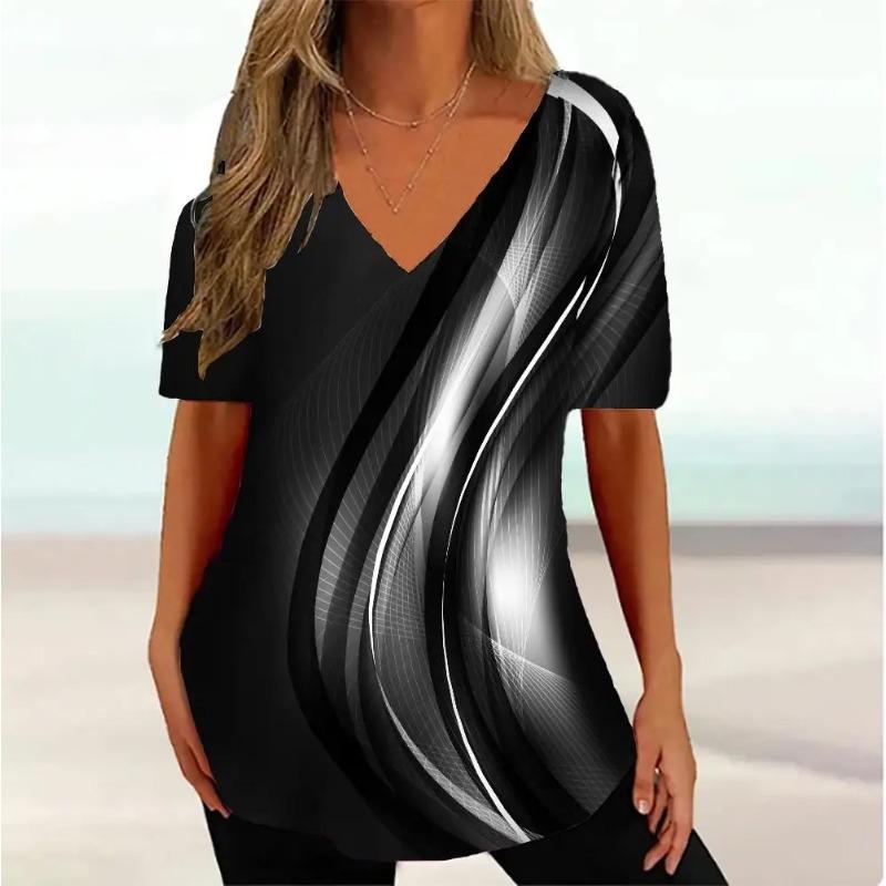 Plus Size Simple Women's T-shirt 3d Wave Curve Tee Fashion V-neck Summer Short Sleeve Loose Streetwear Female Clothes Casual Tshirt Ladies