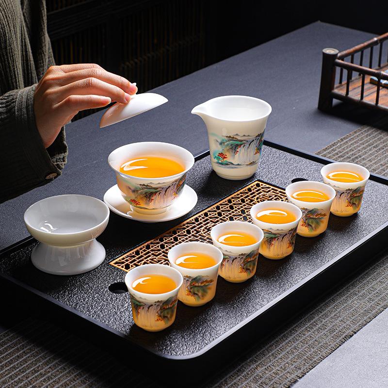 Ceramic white suet jade porcelain kung fu tea set business company high-end gifts can be made
