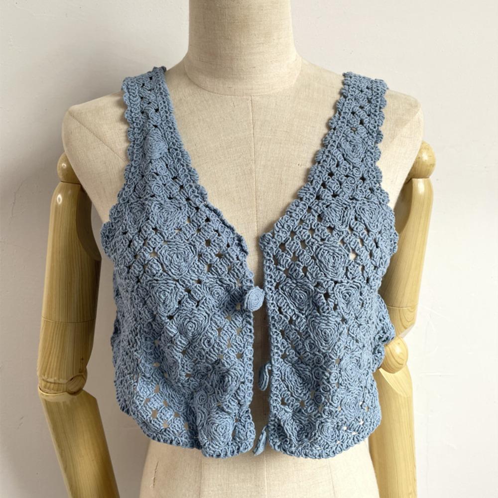 V-Neck Hollow Sleeveless Women's Crochet Camisoles Short Vest Ethnic Style Cardigan Knitted Tops