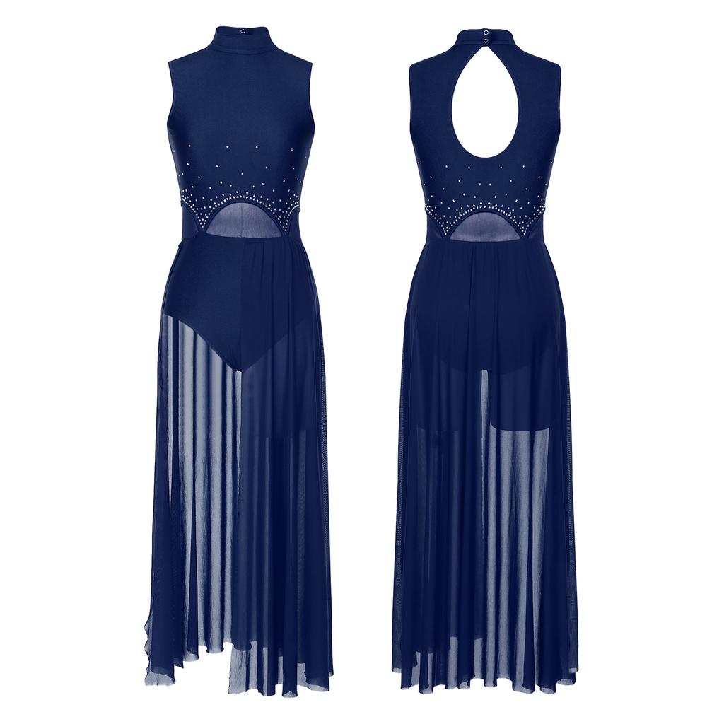 Женский лирический танцевальный костюм, современный балет, танцевальная одежда, декор со стразами, трико, платье