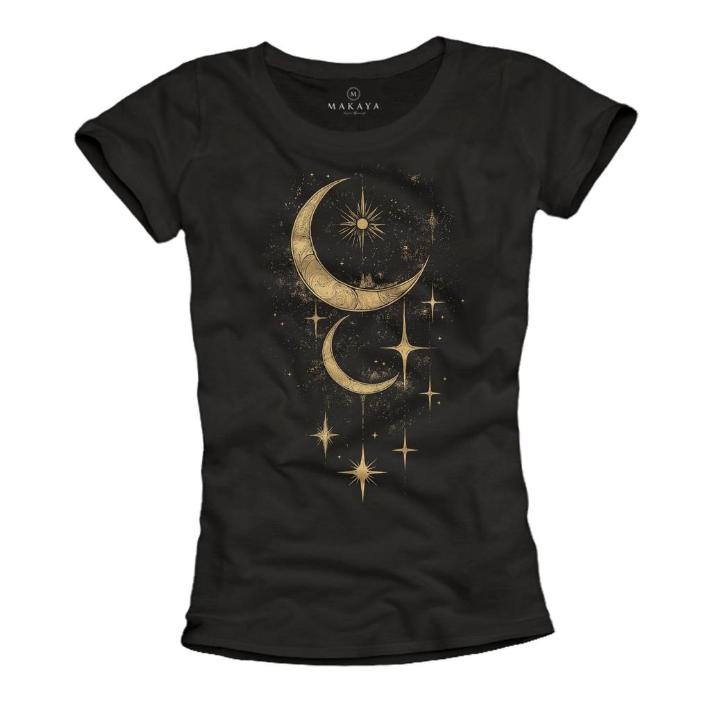 Moon T-Shirt Women - Top with Moon Phases and Stars Short Sleeve Summer Tee Round Neck 100% Cotton Black Size S-XL