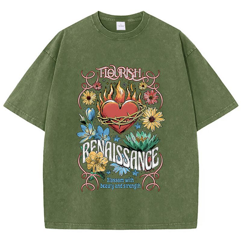 Футболки женские из хлопка с кислотной стиркой, цветочные принты Flourish Renaissance, топы, большие состаренные футболки с круглым вырезом, одежда