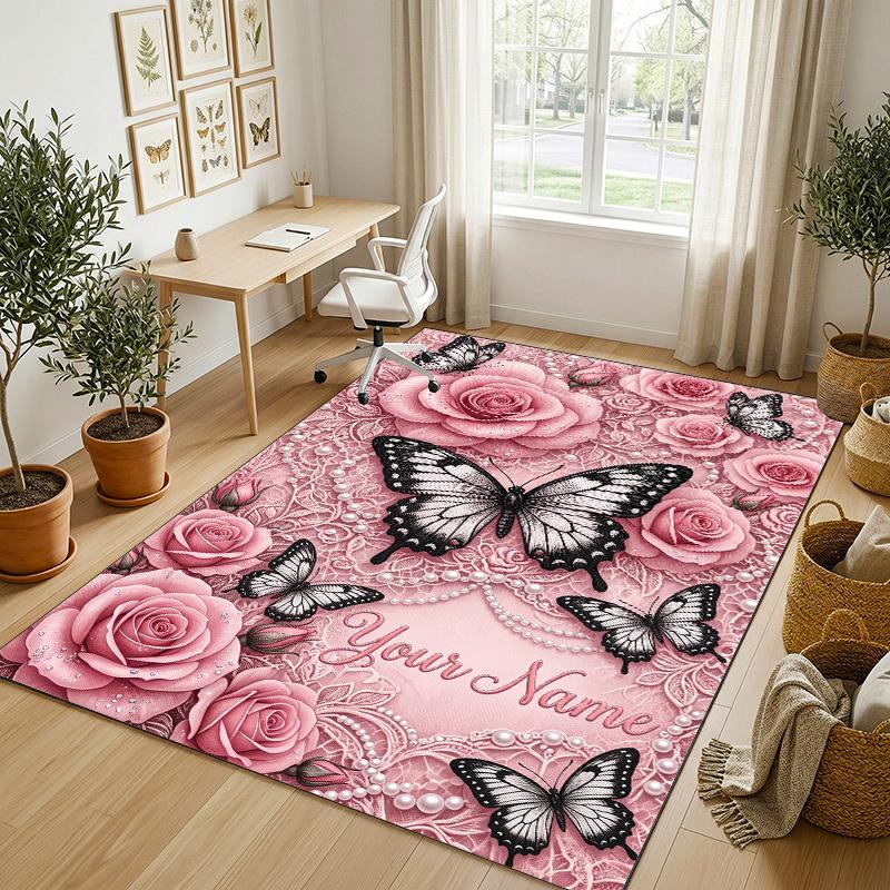 Butterfly Theme Crystal Velvet Rug Personalized Custom Name Text Soft Floor Mat Home Decor
