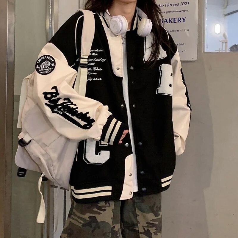 Vintage Bomber Jacket Women Harajuku Fashion College Uniform Varsity Baseball Jackets Female Oversized Streetwear Y2k