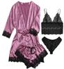 European Luxury V-neck Satin Pajama Set: Lace Cami, Five-Point Sleeve Robe, Four Pieces