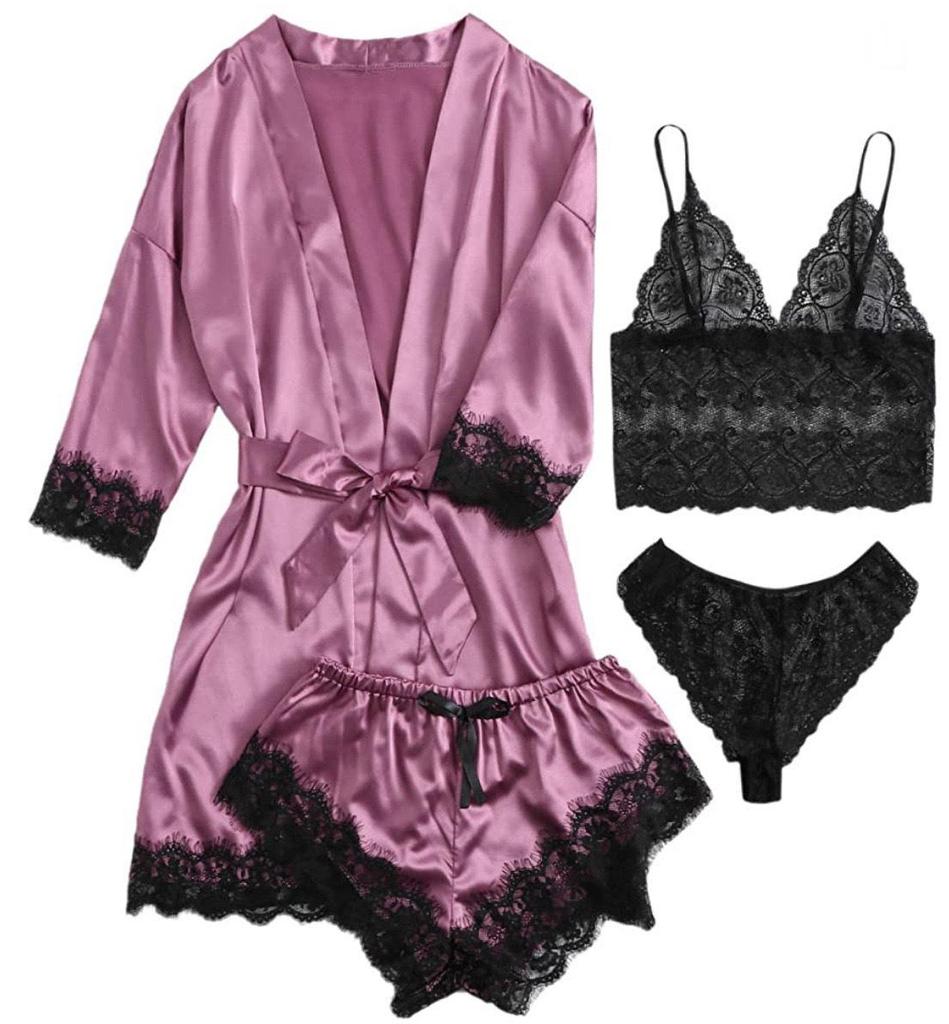 European Luxury V-neck Satin Pajama Set: Lace Cami, Five-Point Sleeve Robe, Four Pieces