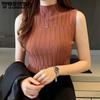 Вязаный топ с ретро полуворотником, однотонная облегающая футболка для женщин, вязаный топ без рукавов для женщин, летний жилет