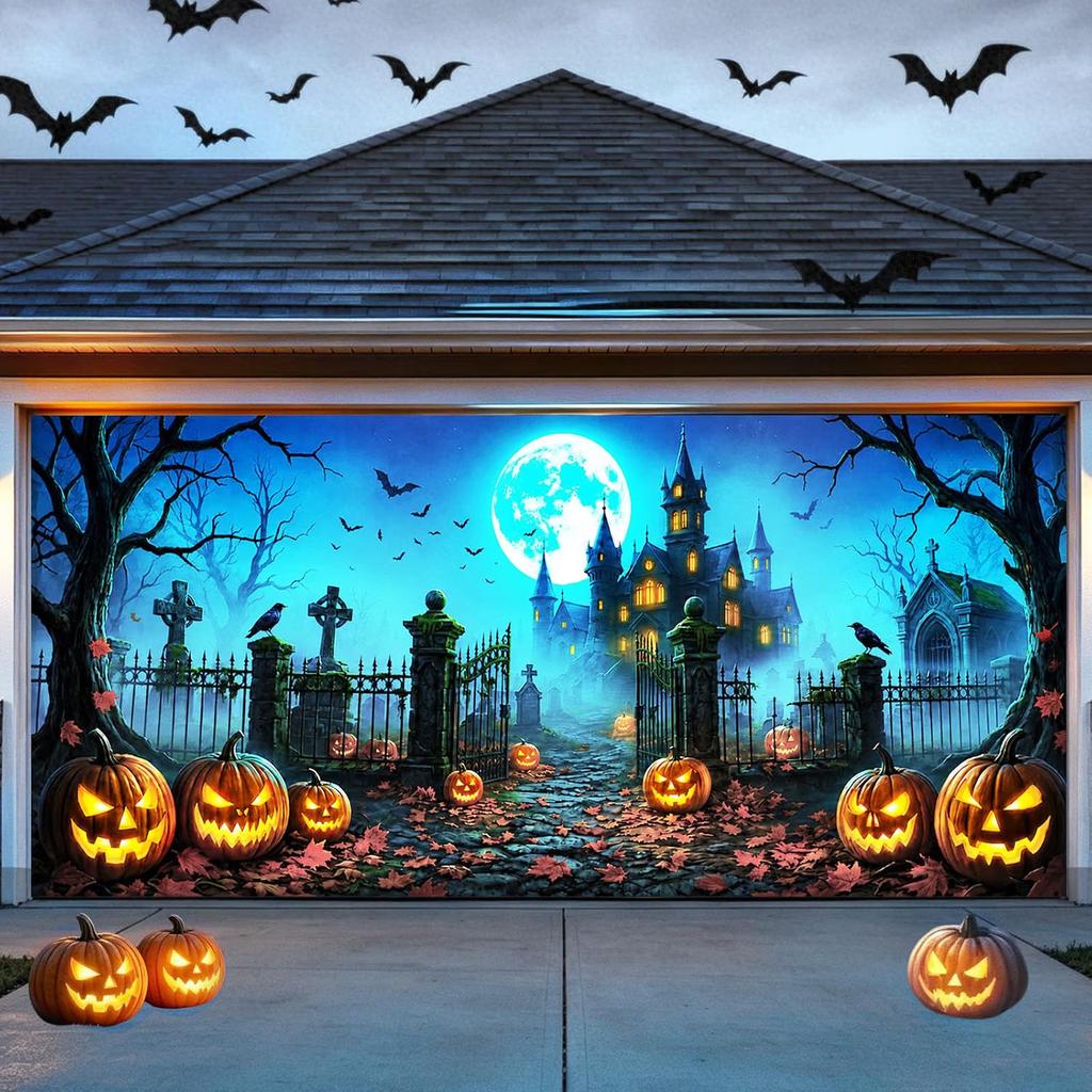 Halloween Garage Door Cover 7 X 16 Ft Large Hanging Backdrop Door Banner | Horro