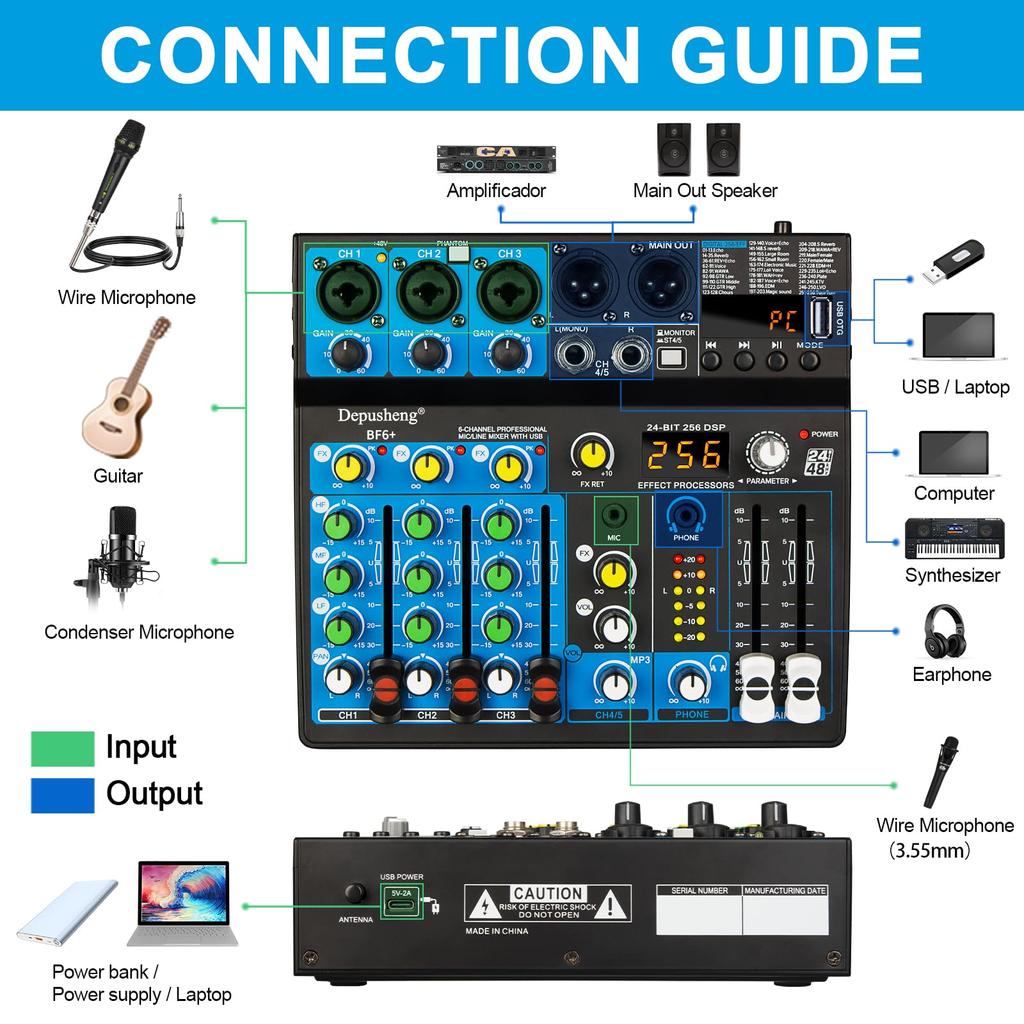 Depusheng Portable Mini Mixer 6 Channel Audio Mixer DJ Console with Bluetooth 48V Phantom USB 256 DSP for PC Recording Webcast Party BF6+ Function,