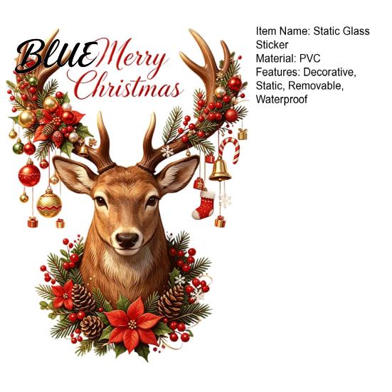 Christmas Window Clings Reindeer Static Glass Sticker, Removable with Merry Festive Store Stickers Text, Reusable PVC for Holiday Home And Decoration